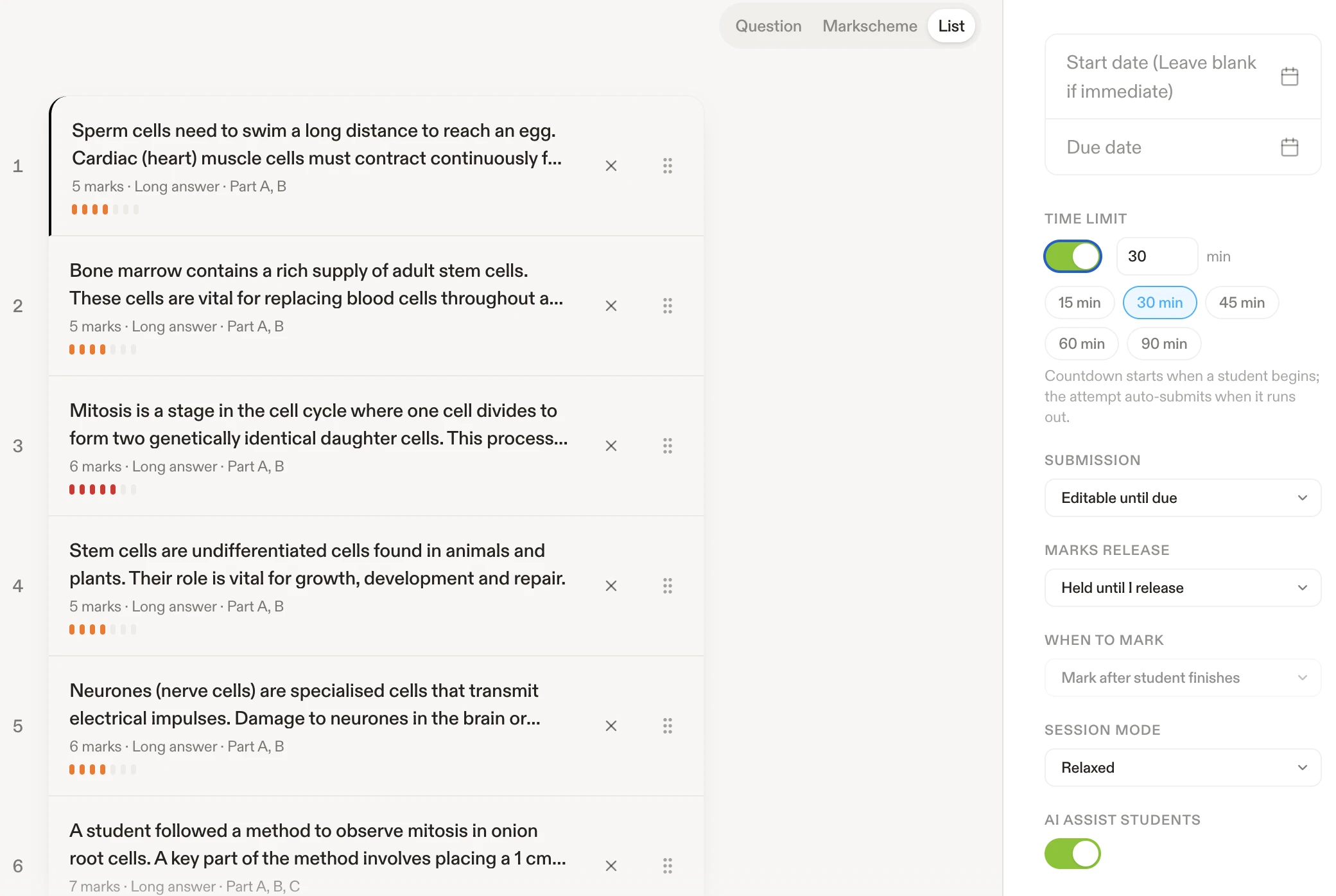 Homework builder: a drafted list of exam questions with marks and difficulty, and the assignment settings for dates, time limit and marks release